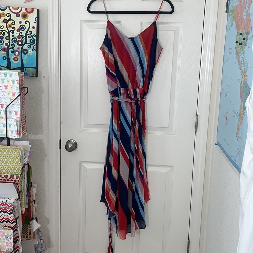 LINI Womens Kim Navy Striped V-Neck Belted Midi Dress Size Medium Fairycore